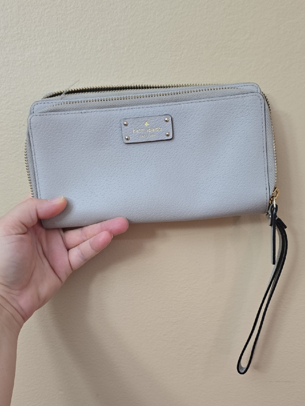 kate spade Light Gray Zip-Around Wristlet Wallet with Black Strap